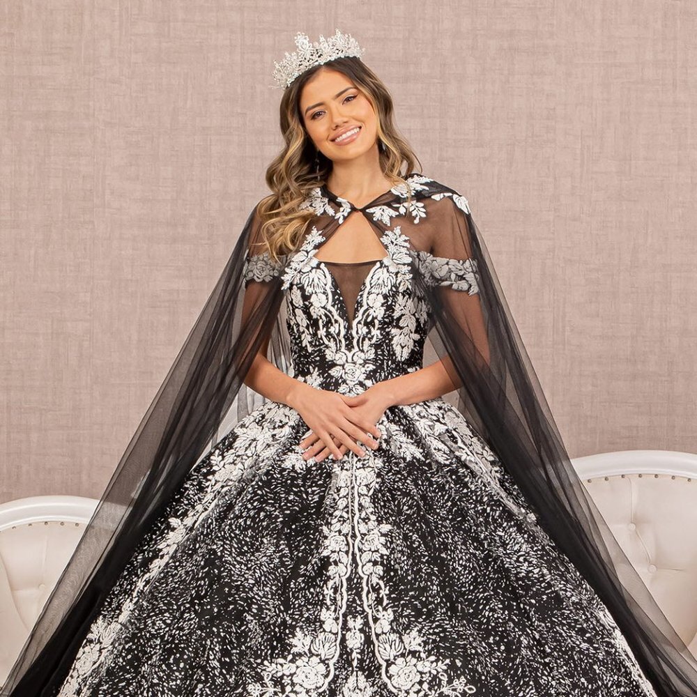 NEW LONG OFF SHOULDER SLEEVELESS EMBROIDERED GOWN WITH REMOVABLE CAPE GL3168